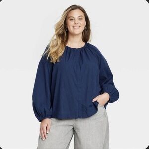NWT Universal Thread Navy Blue Button Down Balloon Long Sleeve Cotton Top